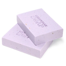 Load image into Gallery viewer, Lavender &amp; Geranium Made with Lavender and Geranium Essential Oil, and dried Lavender flowers, this soap has a deep floral fragrance that may help you to relax and unwind at night time (or even midday nap time).  Hand crafted using only sustainable Palm oil, age-old botanicals and pure aromatic oils, these almost mythical soaps will transform your daily wash into a cleansing ritual to be savoured. SLS and Parabens free.
